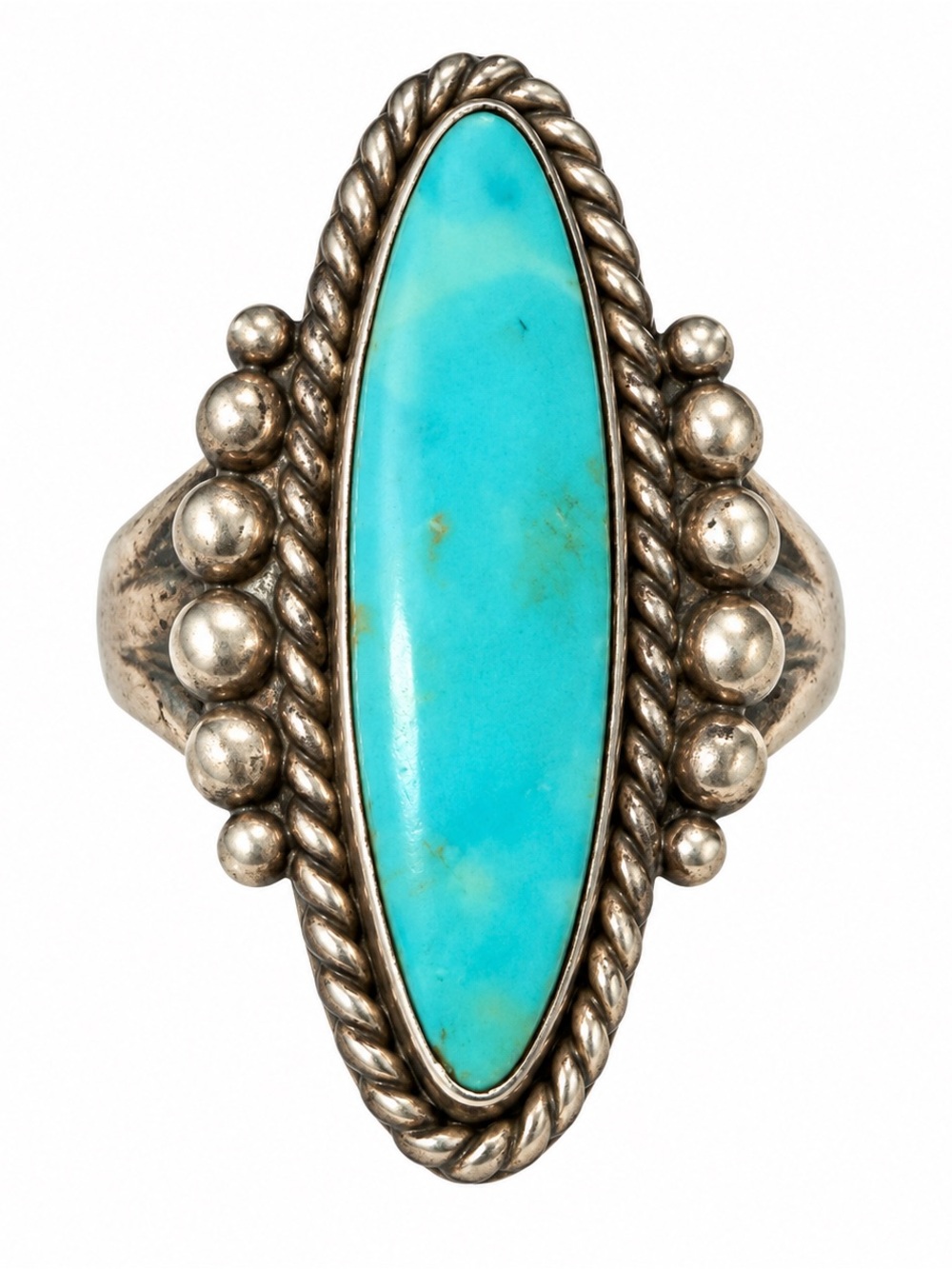 Vintage Sterling Silver Large Turquoise Color Cabochon Ring Filigree Boho J019